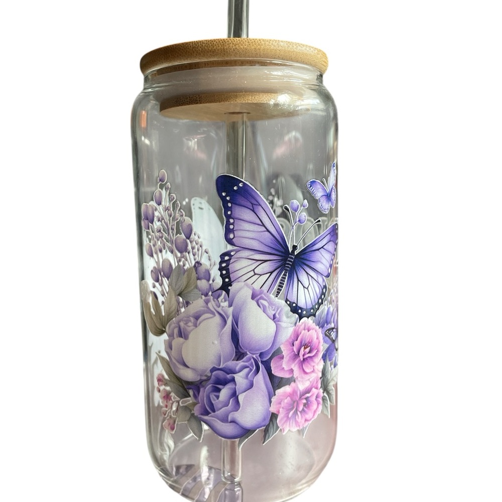 Purple Butterfly Floral Glass Tumbler